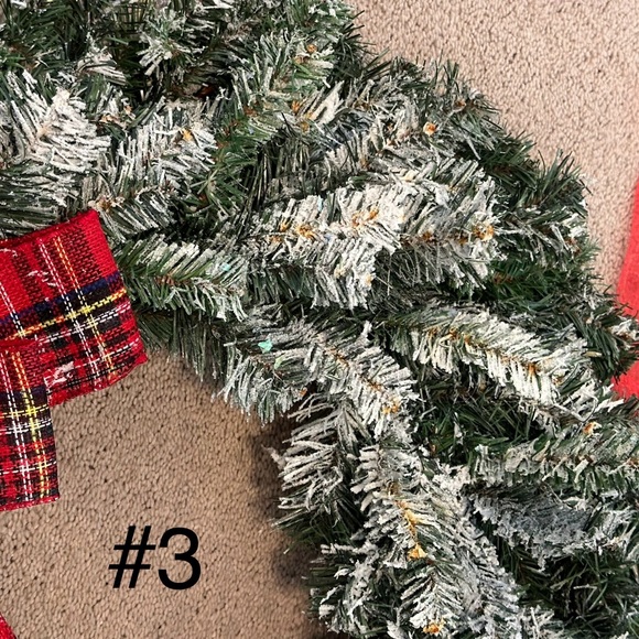 Holiday Christmas Snow Flocked Wreath With Tartan Red Plaid Bow - Picture 13 of 16